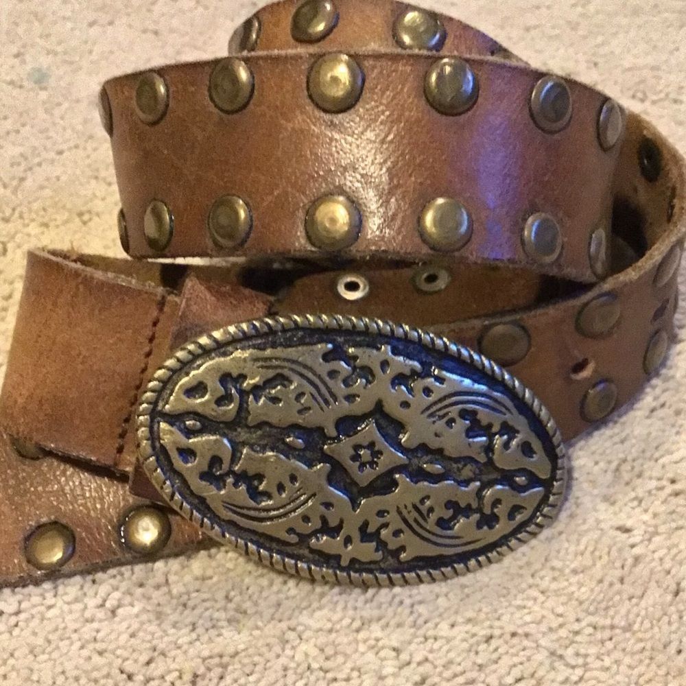 Vintage Leather Western Brown Studded Belt with Ornate Buckle - Picture 7 of 7